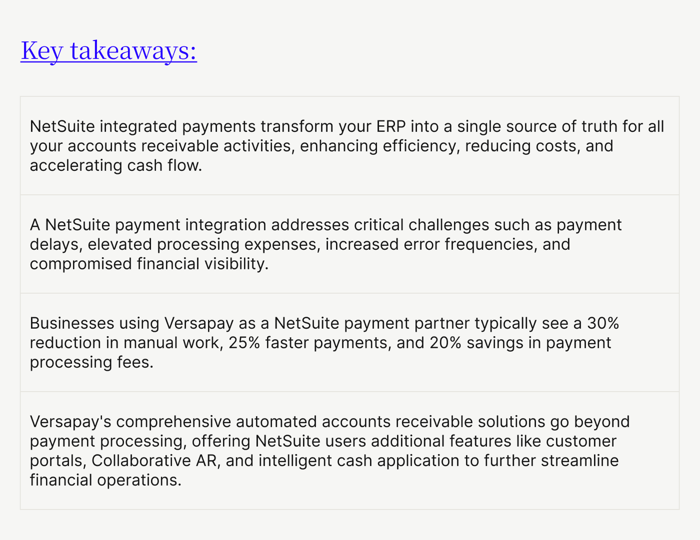 Key takeaways: NetSuite payment processing solutions